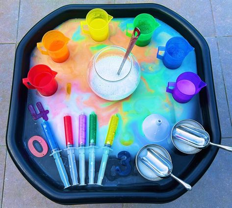 Rainbow Water 🌈 - Water play - Colour mixing - Creative play - Number recognition 🌈 The base is water and white paint 🌈 I then added a little of each coloured water to the base to create a rainbow effect 🌈 Coloured jugs and rainbow numbers from @tickit_education ⭐️ Follow for more water play activities #tufftray #tufftrayideas #tufftrayactivities #tufftrayplay #tufftrayfun #tuffspot #tuffspotideas #playtray #playtrayideas #playtrayactivities #waterplay #messyplay #sensoryplay #number... Rainbow Fish Tuff Tray Ideas, Outside Water Play, Nursery Rhymes Messy Play, Rainbow Messy Play, Fine Motor Tuff Tray, Rainbow Tuff Tray, Water Tray Activities, Water Play Activities For Toddlers, Inspire My Play