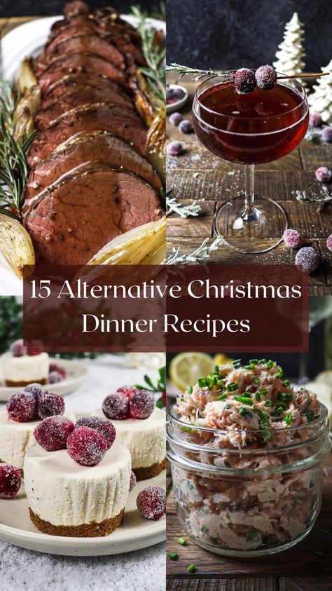 Spice up your Christmas feast with new and exciting alternative Christmas dinner recipes for a memorable holiday dinner! From appetizers to mains, cocktails and desserts, there are plenty of options for curating a Christmas dinner menu that will impress your guests. Natal, Christmas Foods For Dinner, Christmas For One Person, Christmas Menus Dinner Parties, Fancy Christmas Recipes, Light Christmas Dinner Ideas, Christmas Dinner For Four, Prime Rib Dinner Menu Holiday, Fine Dining Christmas Dinner