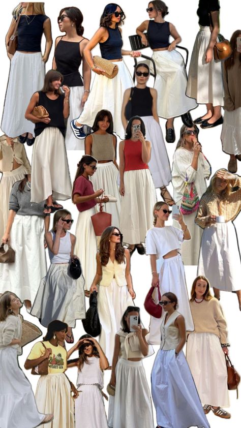 Ways to style Long Skirt Casual Outfit Summer, White Maxi Skirt Street Style, Capsule Wardrobe With Skirts, Summer Vacation Modest Outfits, Long White Skirt Outfit Summer Aesthetic, Long White Maxi Skirt Outfits, Maxi Skirt Beach Outfit, White Maxi Skirt Outfit Summer Casual, London Summer Outfit Ideas