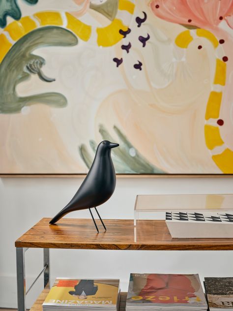 For decades, the carved figure of a wooden bird has occupied a central place in the Eames House, as an especially prized artefact among the possessions of Charles and Ray Eames. They frequently used the House Bird as a decorative object in photo shoots. Eames House Bird, Eames House, Charles Ray, Wood Bird, Charles Eames, Alder Wood, American Folk Art, Ray Eames, Wooden Bird