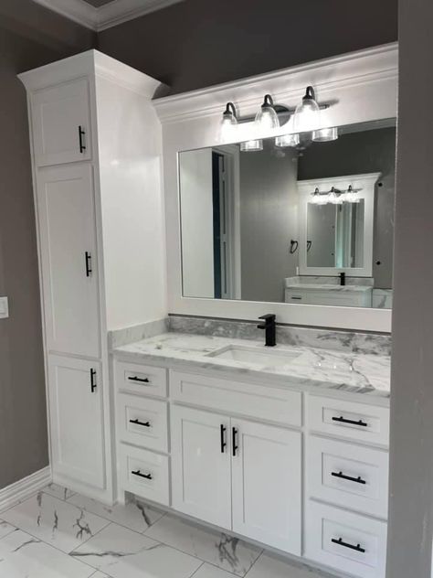 Long One Sink Bathroom Vanity, Small Restroom Cabinets Ideas, Bathroom Vanity Tower Ideas, Restroom Double Sink Ideas, Cabinets In Bathroom, Bathroom Cabinets Over Sink, Vanity With Side Cabinets, 6ft Vanity Master Bathrooms, Restroom Renovation Ideas