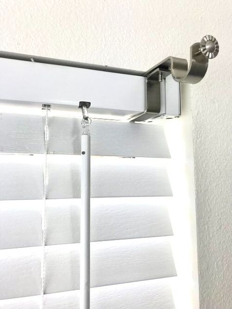 XL Inside Mount Blinds Curtain Rod Bracket Attachment — The NoNo Bracket Company No Nail Curtain Hanging, No Drill Curtain Rod Brackets, Curtains Over Blinds Bedroom, Curtain Hacks For Renters, How To Hang Curtains Over Blinds, Renter Friendly Curtain Rod, How To Hang Curtains Without A Rod, Apartment Blinds Hack, Apartment Curtains Over Blinds