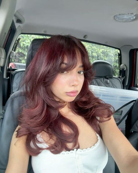 Short Auburn Hairstyles, Ideas Color Hair, Cherry Coke Hair With Bangs, Curly Color Hairstyles, Styles Of Hair Coloring, Layer Color Hair, Burgundy Hair On Brown Hair, Haircuts With Red Hair, Cherry Colour Hair