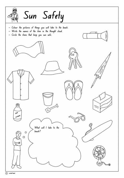 Sun Safety Printable 1 - Click to download. Sun Safety Activities, Summer School Worksheets, Safety Lesson Plans, Food Worksheet, Teaching Safety, Water Lessons, Safety Crafts, Beach Safety, Summer Safety