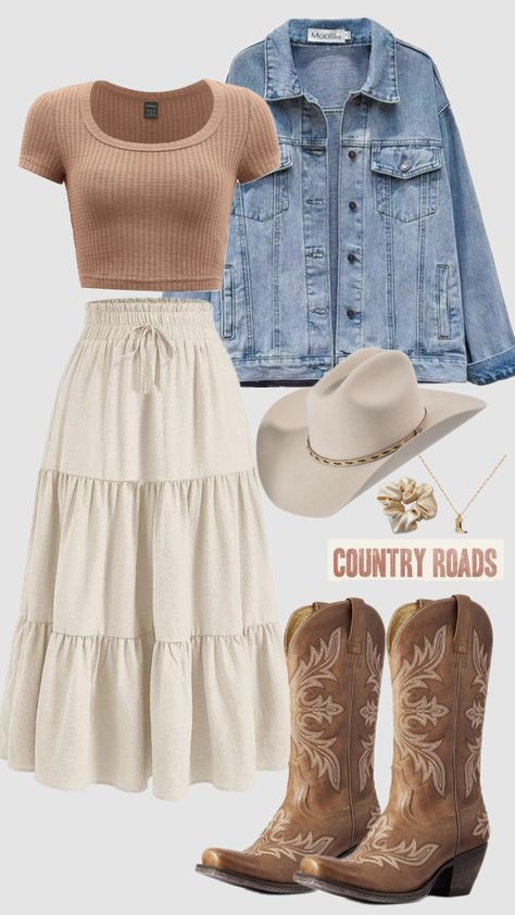 Country Outfits Modest, How To Style Brown Cowgirl Boots, Cowgirl Outfit With Skirt, Conservative Country Outfits, Country Cottagecore Outfit, Modest Western Outfits Summer, Southern Outfits Women Classy, Modest Outfits With Cowgirl Boots, Cottagecore Western Outfits