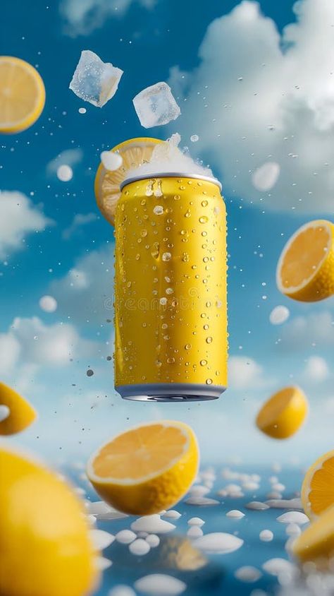 Blank yellow drink-can, clouds, lemon stock illustration Drink Creative Ads, Drink Social Media Design, Lemonade Advertisement, Lemon Graphic Design, Lemon Drop Drink, Yellow Sticky Notes, Lemonade Illustration, Doodles Ideas, Photoshop Lessons