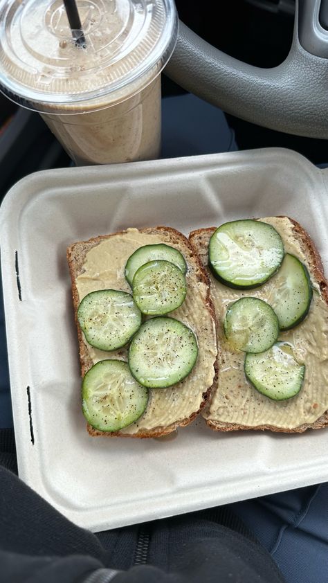 multigrain toast hummus cucumbers drizzle of olive oil salt and pepper Cucumber And Hummus Snack, Cucumber Hummus, Hummus Snack, Hummus Toast, Student Food, Hummus Sandwich, School Morning, Winter Arc, Student Recipes