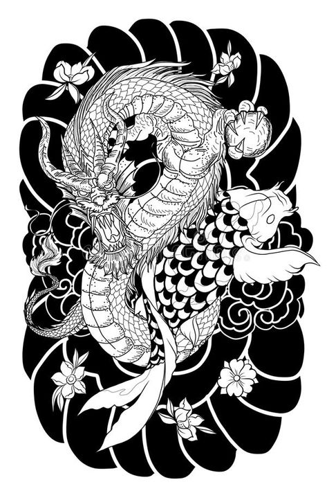 Japanese Background Tattoo, Dragon Koi Tattoo Design, Drawn Dragon, Dragon Koi Fish, Koi Dragon Tattoo, Dragon Tattoo Back, Japanese Koi Fish Tattoo, Koi Tattoo Sleeve, Background Tattoo