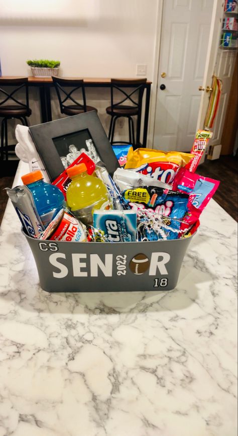 Football Baskets For Boyfriend, Football Boyfriend Gifts, Senior Football Gifts, Football Gift Baskets, Volleyball Senior Night Gifts, Senior Night Football, Soccer Senior Night, Graduation Gift Basket, Volleyball Senior Night