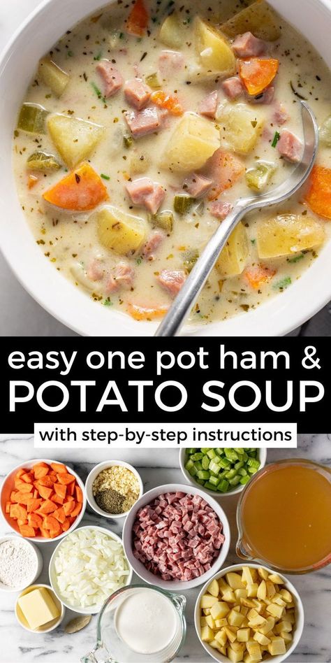 This creamy one-pot ham and potato soup is the perfect way to use up leftover ham from the holidays! It's loaded with tender potatoes, diced ham, and plenty of veggies in a creamy herb-filled broth. It's the perfect cozy dinner for a busy weeknight! Ham Potato Soup, Soup Ham, Potatoes And Ham, Ham Soup Recipes, Ham And Potato Soup, Ham Potato, Night Recipes, Creamy Potato Soup, Ham Soup