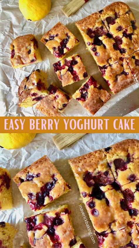 Berry Yoghurt Cake with Lemon Glaze; moist and fluffy yoghurt cake bursting with juicy berries and dressed in a tangy lemon glaze. Berry Yogurt Cake, Berry Cake Recipe, Berry Yogurt, Yoghurt Cake, Berry Cake, Lemon Glaze, Yogurt Cake, Healthy Cake, Moist Cakes