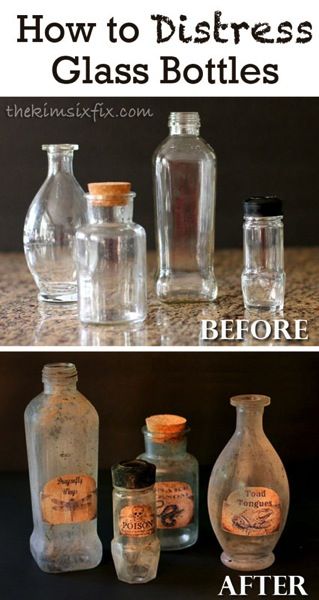 How to Distress Glass Bottles  via TheKimSixFix.com Läskig Halloween, Cumpleaños Harry Potter, Diy Daybed, Halloween Apothecary, Halloween Fest, Hallowen Ideas, Halloween Bottles, Festa Harry Potter, Halloween Potions