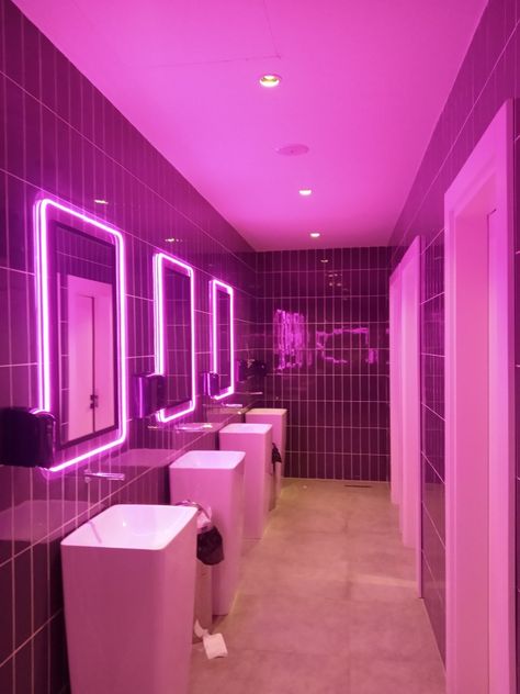 #aesthetic #place #neon #lights #pink #café Pink Bar Design, Pink Restaurant Aesthetic, Pink Bar Aesthetic, Purple Cafe Aesthetic, Pink Club Aesthetic, Neon Sign Bathroom, Pink Cafe Aesthetic, Pink Coffee Shop, Neon Cafe