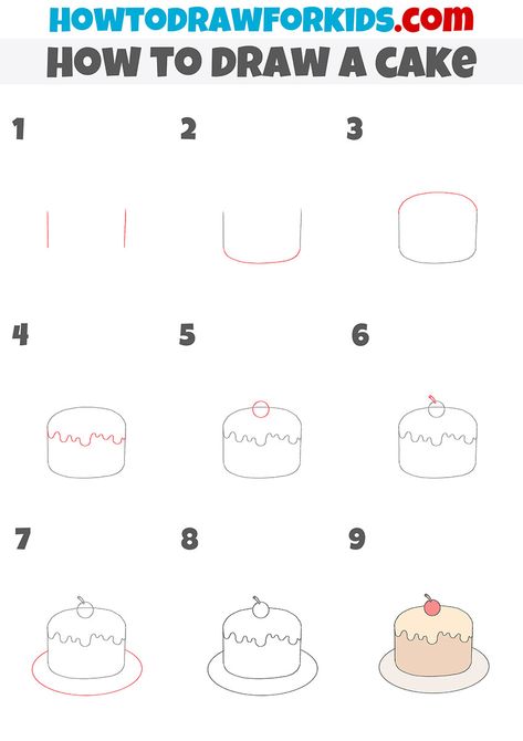 how to draw a cake step by step How To Draw Desserts, How To Draw Desserts Step By Step, How To Draw Sweets Step By Step, How To Draw A Cake Easy, How To Draw Cake, Cake Drawing Easy, Cute Birthday Cake Drawing Easy, How To Draw A Slice Of Cake, How To Draw A Birthday Cake