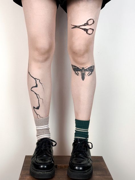 leg tattoo, tattoo for women, tattoo for girls, knee tattoo, front leg tattoo, black ink, moth tattoo, deaths head hawk moth tattoo, skull moth, skull, moth, vintage scissors, victorian scissors, silver scissors, tattoo inspiration, art, sketch, tattoo design, cybersigilism, 2014 tumblr, abstract tech, abstract pixie, acidwave, punk, alternative, art academia, bauhaus, berlin, chromcore, cyber ghetto, cyber fairy grunge, cyber pop, emo, film noir, futurism, witchcraft,  gothic, retro futurism Vintage Leg Tattoo, Deaths Head Hawkmoth Tattoo, Hawkmoth Tattoo, Tattoo Ideas Witchy, Moth Tattoo Leg, Aesthetic Leg Tattoos, Vintage Scissors Tattoo, Deaths Head Moth Tattoo, Docs Martens