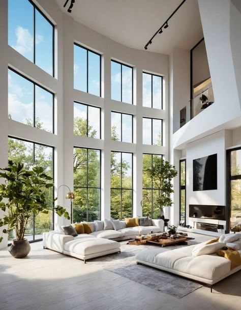 High Ceiling Living Room Modern Open Spaces Big Windows, Tall Windows Living Room High Ceilings, Tall Windows Living Room, Living Room Large Windows, Firmdale Hotels, Dream Wallpaper, Real Estates Design, Dream Life House, Elegant Dining Room