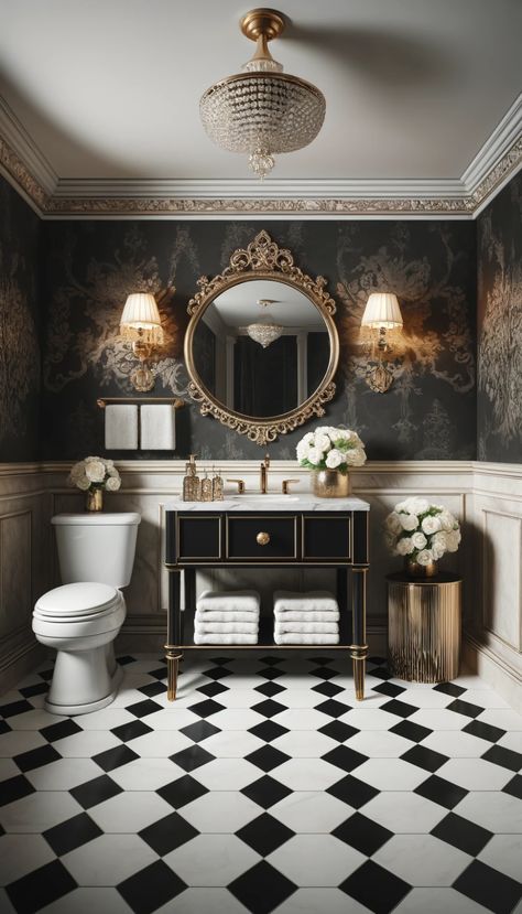 Transform Your Tiny Space: 21 Stunning Half Bath Decor Ideas You’ll Love! 🚿✨ Black And White Tile Floor Bathroom Interior Design, Black Counter Bathroom Decor, Gothic Half Bath, Black Victorian Bathroom, Black Half Bathroom Ideas, Bathroom With Black And White Tile Floor, Wallpaper On Ceiling Bathroom, Wainscot Bathroom, Modern Black Bathroom Design