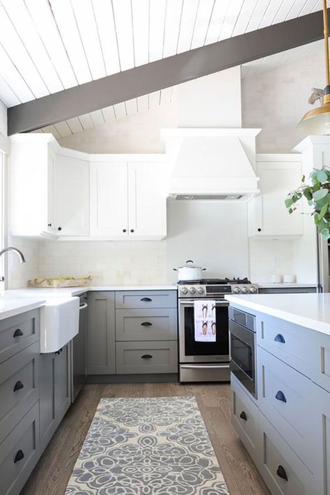 Ask Maria: About Kitchen Cabinet Uppers and Lowers in Different Colours | Maria Killam Tall Ceiling Kitchen, Cabinets Gray, Two Tone Kitchen Cabinets, Upper Kitchen Cabinets, Gray And White Kitchen, Gray Cabinets, Gray Kitchen, White Kitchen Design, Grey Kitchen Cabinets