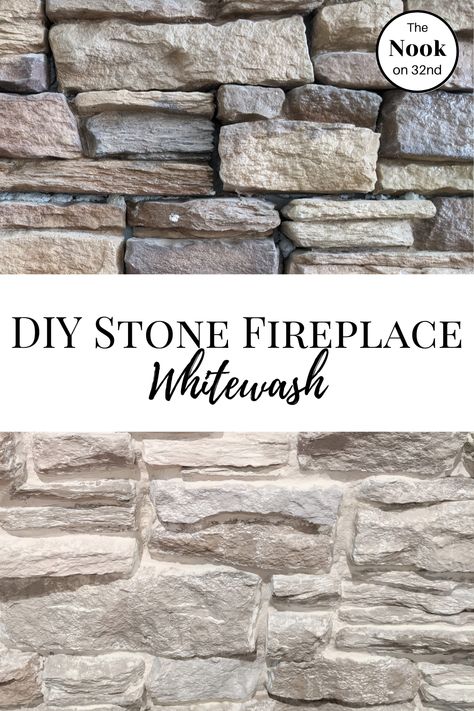 Grout Washed Stone, Fireplace Mortar Makeover, How To Whitewash Rock Fireplace, White Mortar Stone Fireplace, Over Grout Fireplace, Limewashed Stacked Stone Fireplace, Paint Fireplace Grout, Paint Fireplace Rock, Stone Fireplace Grout Makeover