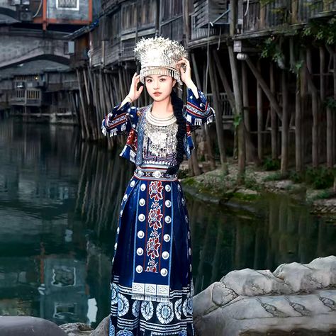 Lunastar Hmong Costume Women's Miao Clothing Skirt Handmade Ethnic National Style Embroidery Garment Big Size - AliExpress 200000532 Hmong Clothes Traditional, Traditional Chinese Clothing Hanfu, Hmong Embroidery, Hmong Clothes, Chinese Clothing, Traditional Chinese, Costumes For Women, Pants Outfit, Traditional Outfits