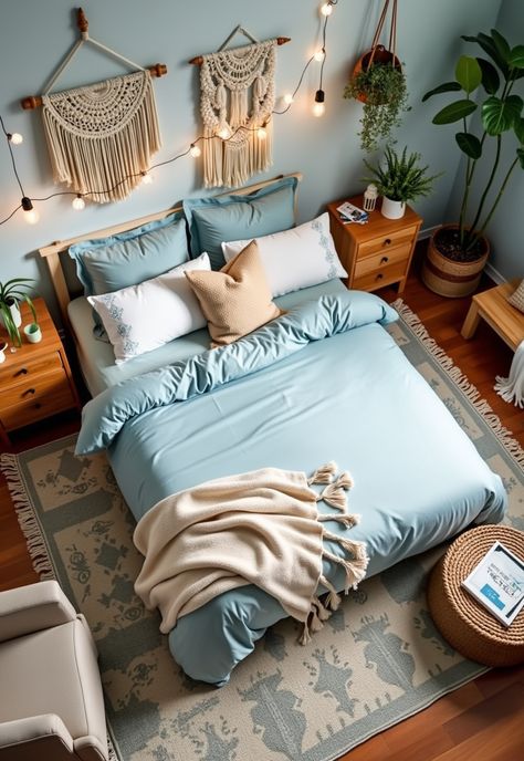 Light Blue Boho Bedroom Light Blue Apartment Bedroom, Boho Chic Bedroom Blue, Boho Beach Bedroom Aesthetic, Light Blue And Gold Bedroom Decor, Small Bedroom Ideas Blue, Dorm Room Designs Blue, Gold And Blue Bedroom, Colourful Bedroom Aesthetic, Light Blue Bedroom Aesthetic