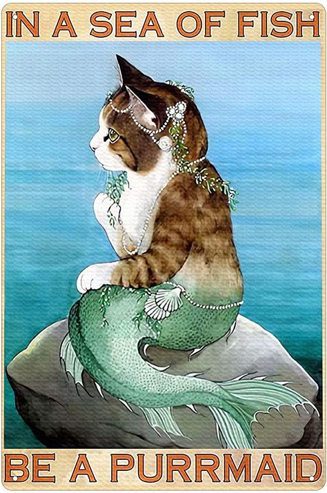 Cat Biscuits, Kitty Mermaid, Cat Mermaid, Bathroom Wall Decor Art, Mermaid Cat, Metal Bathroom, Real Mermaids, Funny Bathroom Signs, Bathroom Sign