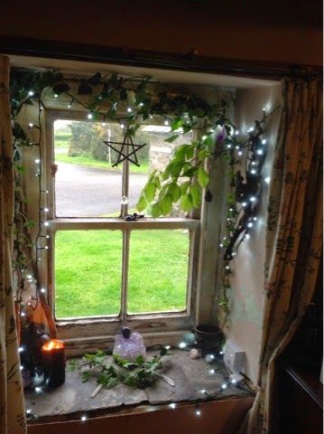 crystalskulls Witchy Windowsill, Shelf Over Kitchen Window, House Spirits, Atrium Windows, Witchy Cottage, Witchy Kitchen, Cottage Windows, Kitchen Window Sill, Magical House