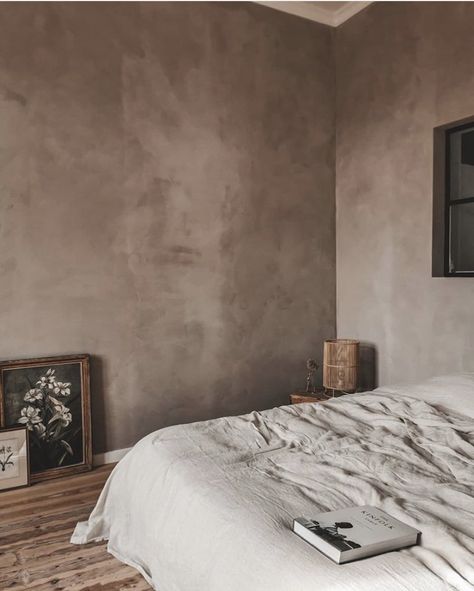 Dark Limewash Walls Bedroom, Concrete Accent Wall Bedroom, Moody Limewash Bedroom, Brown Limewash Bedroom, Dark Lime Wash Bedroom, Limewash Walls Interiors Bedroom, Dark Limewash Bedroom, Cement Wall Bedroom, Limewash Accent Wall Bedroom