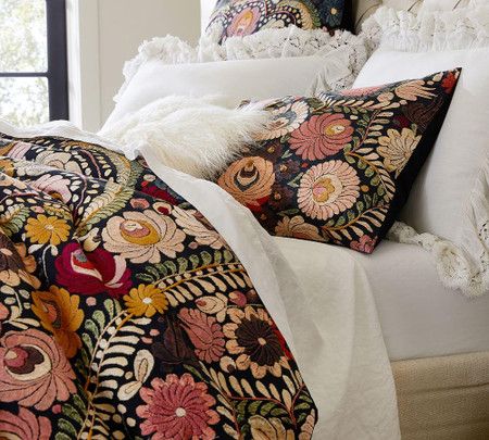 Helena Embroidered Floral Percale Duvet Cover & Shams | Pottery Barn Canada Dark Living Room Ideas, Dark Living Room, Bohemian Bedrooms, Pottery Barn Duvet, Duvet Covers Floral, Hippie Bedding, Duvet Covers Bohemian, Neutral Bedding, Fall Bedding