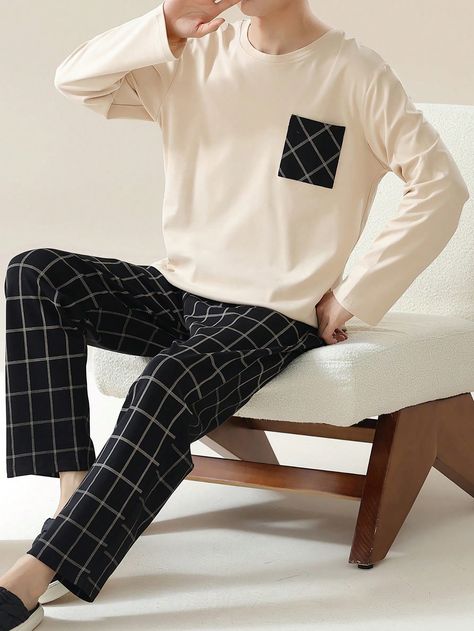 Beige  Collar   Colorblock,Plain Pajama Sets Embellished Slight Stretch Fall/Winter Men Loungewear Pajama Set For Men, Male Sleepwear Aesthetic, Pajama Outfit Men, Mens Sleepwear Aesthetic, Male Pajamas Aesthetic, Male Pajamas, Men Homewear, Pajama Set Men Cute, Korean Mens Pajamas