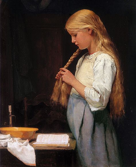 Albert Anker Girl Braiding Her Hair (and reading ;) 1887 by Plum leaves, via Flickr Moritz Von Schwind, Era Victoria, Art Ancien, Paintings I Love, A4 Poster, Classical Art, Beautiful Paintings, Portrait Painting, Realism