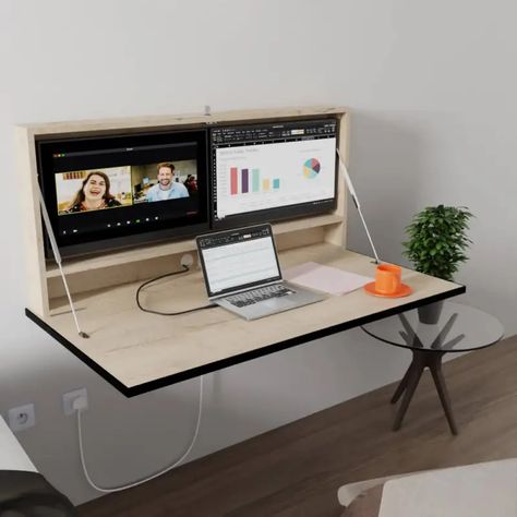 DropTop.™ Wall-mounted Folding desk | Pith & Stem. Pith And Stem, Pith And Stem Desk, Multiple Monitors Home Office, Fold Up Desk, Murphy Desk, Hidden Desk, Fold Out Desk, Fold Down Desk, Foldable Desk