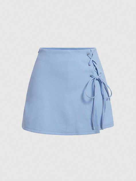 Baby Blue Casual Collar  Fabric Plain Skort Embellished Slight Stretch  Women Clothing Pastel Blue Clothes, Baby Blue Outfits For Women, Light Blue Skirt Outfit, Blue Skirt Outfit, Pastel Blue Outfit, Baby Blue Skirt, Blue Skirt Outfits, Baby Blue Outfit, Light Blue Skirt