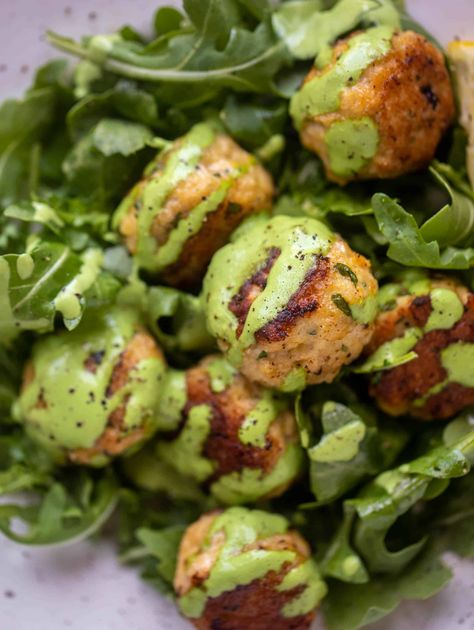 Chicken Ricotta Meatballs, Green Goddess Chicken, Green Goddess Sauce, Chicken Ricotta, Meatballs Chicken, Ricotta Meatballs, Chicken Meatball Recipes, Goddess Dressing, Green Goddess Dressing