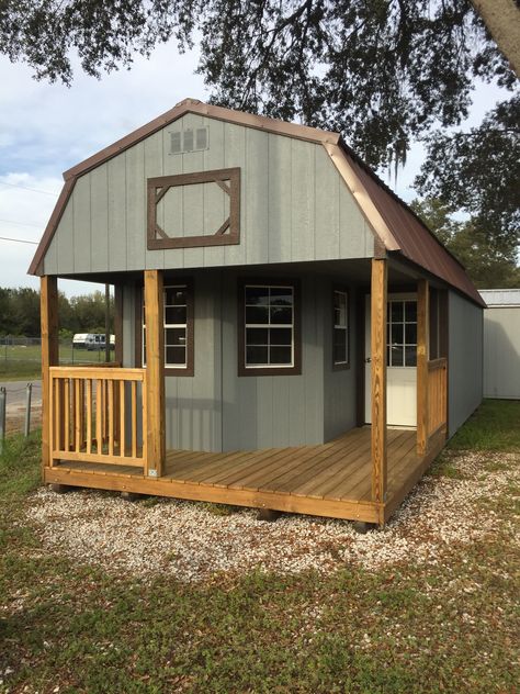 Coastal Portable Buildings Deluxe Lofted Barn Cabin 12x32 with electric. 16" OC, interior lofts, wrap around porch, plenty of room! Make it your #sheshed #mancave or anything you want. #guesthouse #office #fishinglodge #huntcabin #floridabuilt #starkefl #buildingsforyourlifestyle #coastalportablebuildings Portable Cabin Interior, Shed Life, Portable Building Homes 16x40, Portable Building Homes, 12x32 Lofted Barn Cabin Interior, Shed Cabin Interior, Mini Chalet, Lofted Barn Cabin, Shed Tiny Home