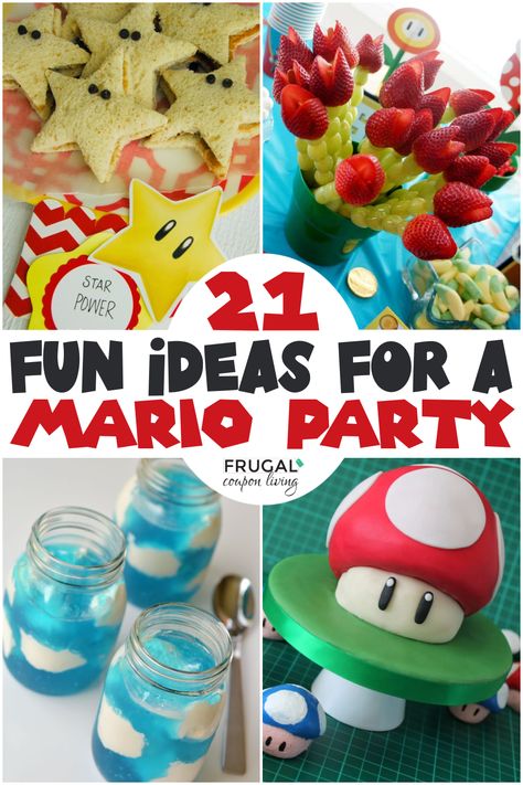 Mario Movie Night Ideas, Food Ideas For Mario Party, Mario Day Ideas, Mario Bros Party Food Ideas, Kid Party Foods, Super Mario Cakes Birthday, Super Mario Fruit Ideas, Mario Diy Birthday Party, Super Mario Dessert Ideas