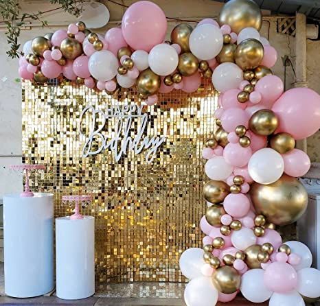 Chrome Balloons, Pink Gold Party, Gold Birthday Party Decorations, Gold Birthday Decorations, Pink And Gold Birthday Party, Pink Gold Birthday, White Garland, Gold Party Decorations, Gender Reveal Balloons