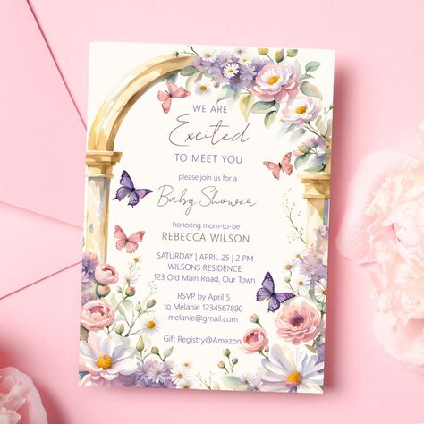 Fairytale Baby Shower, Flowers Arch, Summer Baby Shower Invitations, Garden Baby Shower Theme, Butterfly Baby Shower Theme, Fairy Baby Showers, Garden Boho, Lilac Pastel, Butterfly Baby Shower Invitations