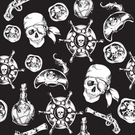 Pirate pattern | Free Vector #Freepik #freevector #background #pattern #sea #skull Skeleton Head Drawing, Pirate Pattern, Skull Icon, Skeleton Illustration, Rum Bottle, Skull Illustration, Pirate Skull, Black Skulls, Seamless Pattern Vector