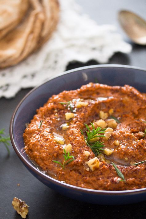 Muhammara Dip with Roasted Peppers and Walnuts – Syrian Food Muhammara Dip, Muhammara Recipe, Dairy Free Dips, Syrian Food, Pomegranate Molasses, Eastern Cuisine, Spread Recipes, Roasted Peppers, Idee Pasto Sano