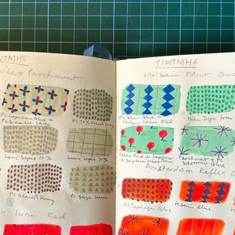 Parul Arora on Instagram: "Currently deep in colour and pattern research and experiments for new paintings. I love this part of my creative process. Besides the colour palette, there are no restrictions. Just play, play, play. #colorful #colorcolourlovers #patterndesign #sketchbook  . . . . . . #insidemysketchbook #sketchbookdrawing #patternplay #printandpattern #creativeprocess #instaillustration #sketchbook #sketchbookart #littlestoriesofmylife #abmlifeiscolorful #art_we_inspire #creativeboom #paintingprocess #gouache #acrylagouache #gouachepainting #gouacheart #surfacepatterndesign" Parul Arora, Textile Design Sketchbook, Surface Pattern Design Sketchbooks, Art Research, Sketchbook Layout, Textiles Sketchbook, Watercolour Landscape, Pattern Design Inspiration, Gouache Art