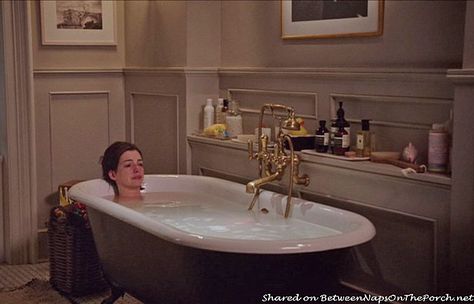 Love the free standing tub and how the fixtures come out of the built-in shelving on the wall!  Get the free standing tub without the fixtures out on display and a shelf for holding necessary items.  Tour Jules' Home in Movie, "The Intern" with Anne Hathaway Nancy Meyers Movies, The Intern, Art Deco Bathroom, Nancy Meyers, Deco Bathroom, Quaint Cottage, Black Tiles, Bathroom Suite, Family Bathroom