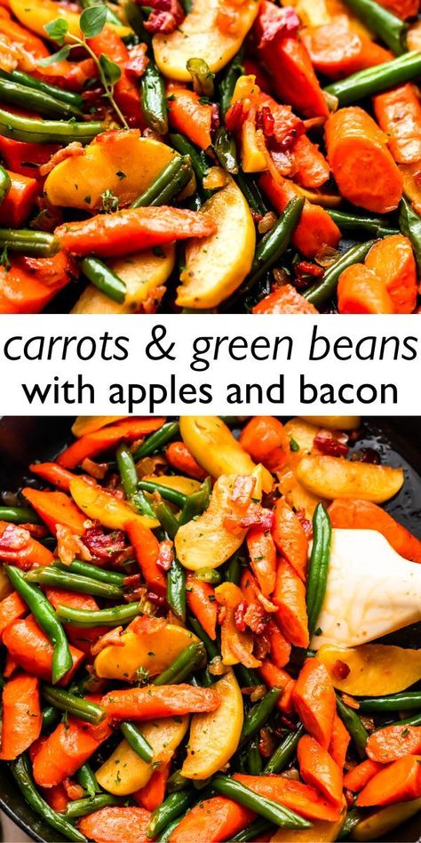 This delicious, sweet, and tangy recipe for green beans and carrots needs to make it to your menu! Sautéed with crisp apple slices and smoky, thick-cut bacon, it’s one side dish you’ll make again and again. Apple Side Dish Recipes, Bacon Green Beans Recipe, Recipe For Green Beans, Green Bean Side Dish Recipes, Green Beans And Carrots, Carrot Dishes, Green Bean Dishes, Spicy Green Beans, Carrots Side Dish