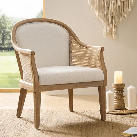 Danilo Farmhouse Rattan Solid Wood Armchair with Imitation Linen Fabric by HULALA HOME - Bed Bath & Beyond - 40545190 Barrel Cane Chair, Comfy Dining Chairs Rattan, White Rattan Chair, Serena And Lily Venice Rattan Chair, Accent Chairs Whicker, Dorm Chairs, Wood Armchair, Wood Arm Chair, The Farmhouse