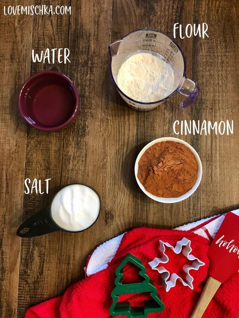 DIY Cinnamon Salt Dough Ornaments (No Applesauce) - Love Mischka Salt Dough For Ornaments, Salt Dough Christmas Ornaments Recipe, Cute Salt Dough Ornaments, Diy Salt Ornaments, Diy School Christmas Ornaments, Children Ornaments Diy, Flour Ornaments Recipe, Baked Ornaments Salt Dough, Homemade Ornaments Salt Dough