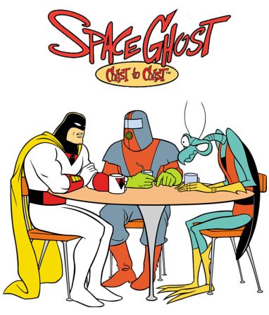 Space Ghost, Moltar, and Zorak sit around a coffee table Space Ghost Coast To Coast, 90s Cartoon Shows, 70s Cartoons, Dell Comic, Space Ghost, Hanna Barbera Cartoons, Old School Cartoons, Disney Monsters, Sci Fi Comics