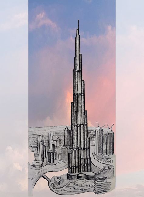 Burj Khalifa Sketch, Famous Building Sketches, Burj Khalifa Painting, Burj Khalifa Drawing, Burj Khalifa Architecture, Dubai Drawing, Dubai Tower, Nubian Art, Dubai Burj Khalifa