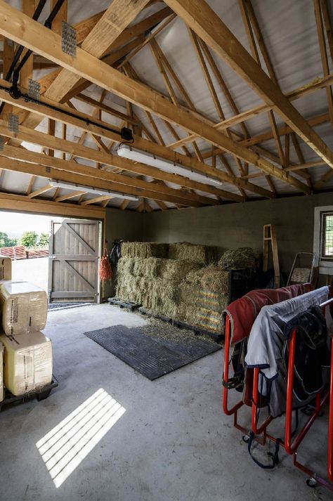 Horse Hay Storage, Hay Storage Ideas Barns, Hay Storage Ideas, Horse Feed Storage, Horse Feed Room, Luxury Horse Barns, Feed Room, Equestrian Barns, Barn Remodel