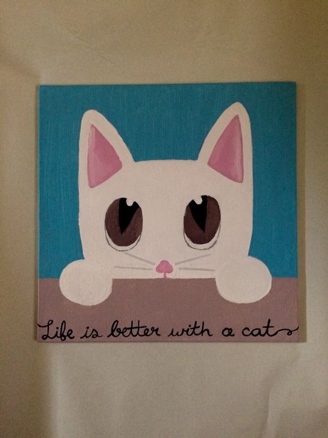 Simple Cat Painting Canvas, Simple Cat Painting Acrylic, Easy Cat Painting Ideas On Canvas, Easy Cat Painting, Cat Painting Easy, Cat Canvas Painting, Cute Easy Paintings, Toddler Painting, Dream Dates