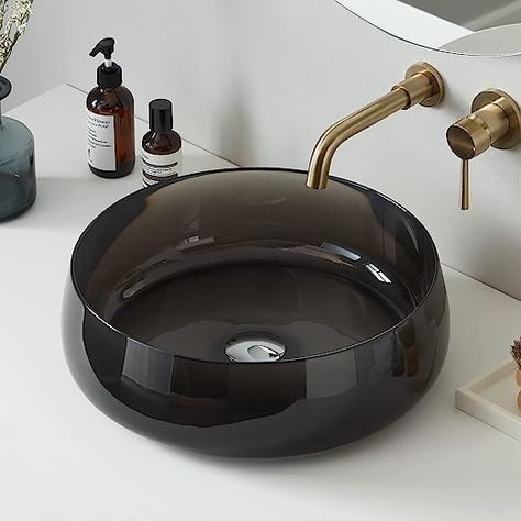 Black Vessel Sink Bathroom, Black Sink Bathroom, Sink Bowls Bathroom, Sink Above Counter, Round Bath, Round Bathroom, Black Sink, Glass Vessel Sinks, Sink Basin